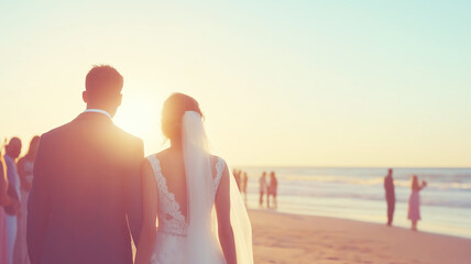 Fototapeta premium Romantic sunset wedding ceremony on a beautiful beach, featuring a happy couple walking towards the ocean with their guests in the background