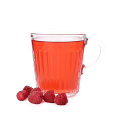 Aromatic raspberry tea in glass cup and berries isolated on white