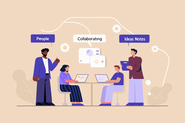 Diverse team collaborating on ideas and notes using laptops