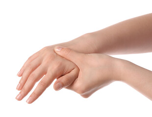 Young woman suffering from wrist pain on white background, closeup