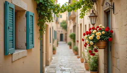 Colorful narrow street lined with charming houses on Burano Island in Italy