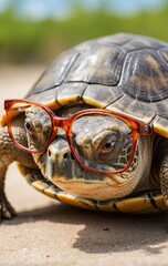 Obraz premium wise turtle wears glasses, radiating intelligence and wisdom 