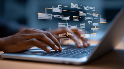 A person working on a laptop with a visual diagram of a process above it