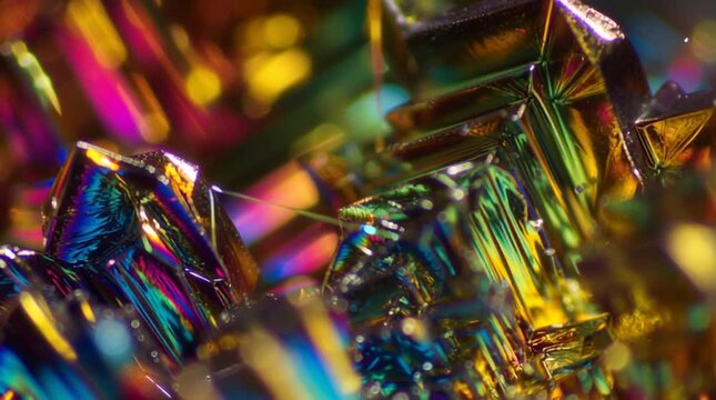 Extreme macro time-lapse of a bismuth crystal forming, showing its iridescent, geometric structure and rainbow colors.

