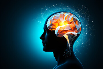 Human head profile with glowing geometric brain and neural network image