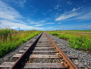 Fototapeta premium Rural scene with railway track, blue sky, scattered clouds, grass, wildflowers, old railroad track, midday lighting, no vehicles or people - AI-Generated
