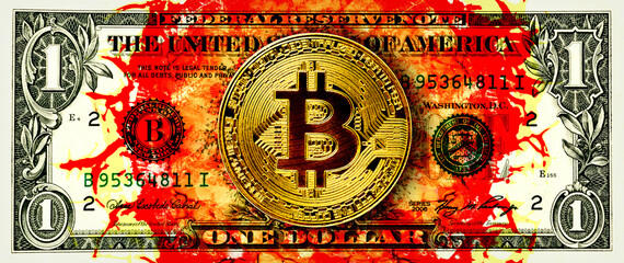 Illegal funds conceptual image: Bitcoin coin and one dollar bill with blood stains 