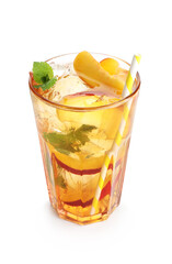Refreshing iced peach tea in glass isolated on white