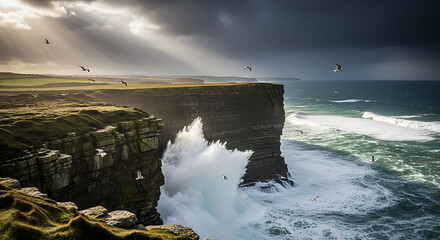 Dramatic sunbeams break through storm clouds over a rugged coastline with powerful ocean waves crashing against sea cliffs.
