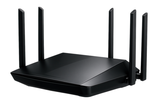 Black wireless router with four antennas for internet connectivity on transparent background.