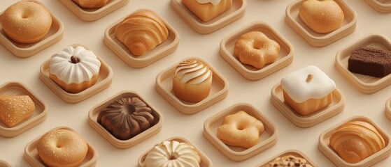 Fototapeta premium High-resolution 3D icon sheet of cute cafe pastries sculpted in clay with glossy textures and beveled outlines, ideal for snack inventory screens, food gamification, and mobile game UI asset packs