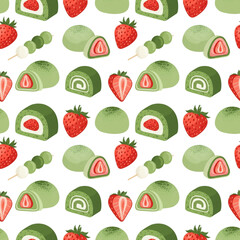 seamless pattern green matcha dessert isolated on white background