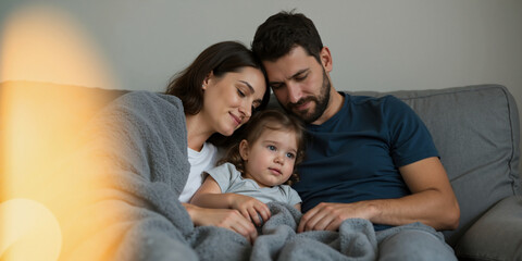 Cozy family cuddling under a blanket on the couch. Loving parents with their toddler daughter relaxing at home.