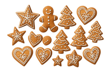 Assorted gingerbread cookies in festive shapes decorated with white icing on transparent background.