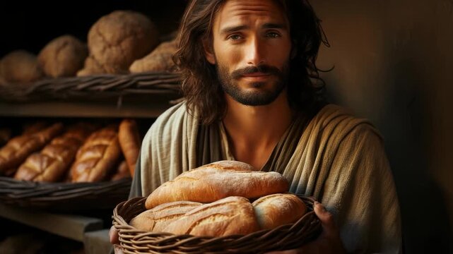Heavenly compassion: Jesus offers loaf to starving stranger, embodying sacred kindness, biblical generosity, selfless act, divine grace, holy sustenance, gospel truth, faithful deed theological symbol