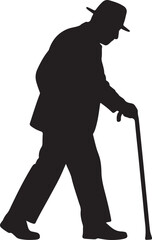 Silhouette of an elderly man walking with a cane and hat
