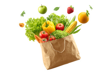 Fresh produce bursting from a paper bag
