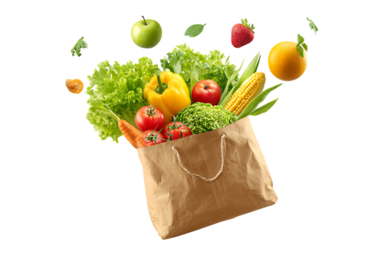 Fresh produce bursting from a paper bag