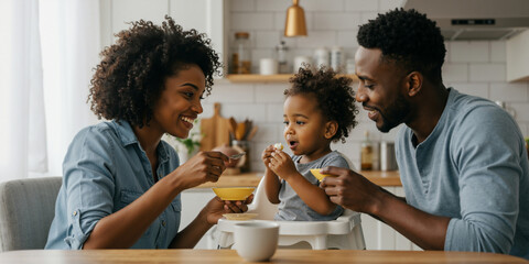 Young African American parents feeding their happy toddler. Black family enjoying mealtime together in the kitchen.
