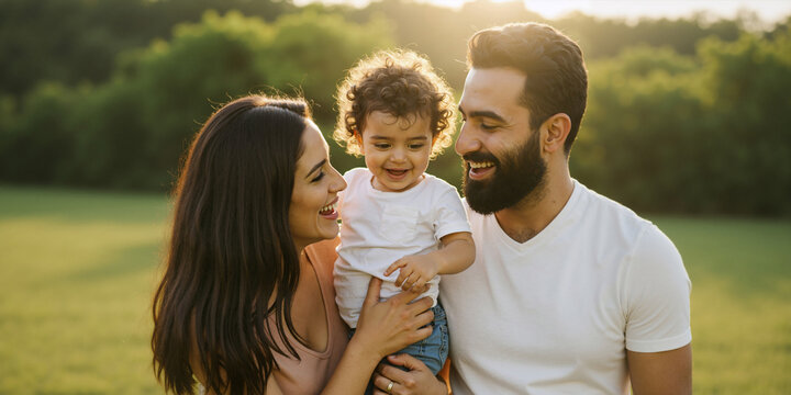 Happy young family with a toddler laughing in a field. Middle Eastern mother and bearded father with their son outdoors at sunset.
