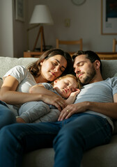 Vertical photo of a family sleeping on a couch. Parents and toddler napping together in their living room.