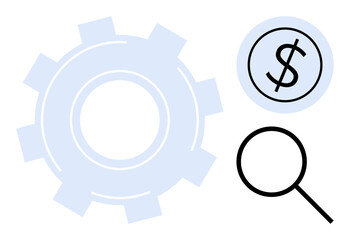 Large gear, magnifying glass, and dollar sign representing themes of process optimization, financial review, business strategy, innovation, productivity, problem-solving and decision-making. Simple