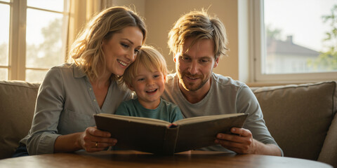 Happy family looking at a photo album together at home. Parents and their son remembering the past.