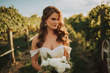 bride in vineyard smiling at sunset holding bouquet with white peonies and grapes | concept of outdoor wedding, romantic editorial, vineyard ceremony, bridal fashion and floral storytelling