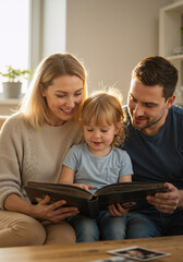 Obraz premium Vertical photo of a family looking at a photo album. Happy parents and their daughter sharing memories at home.