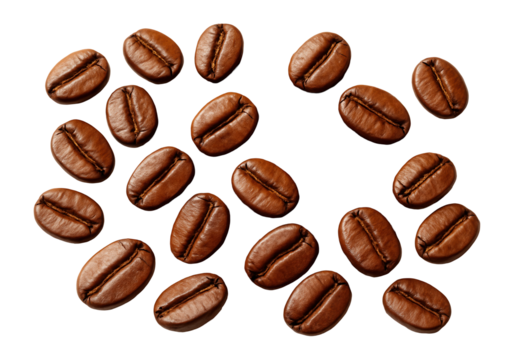 Scattered roasted coffee beans with rich texture and color on transparent background.