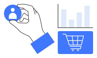 Hand holding user avatar icon, bar chart for data analytics, and shopping cart icon for e-commerce. Ideal for customer targeting, data analysis, trends, marketing, e-commerce, decision-making flat
