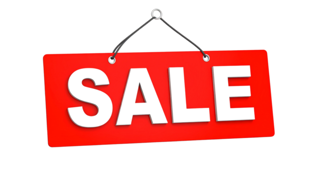 Red SALE tag with bold letters, isolated on transparent background.