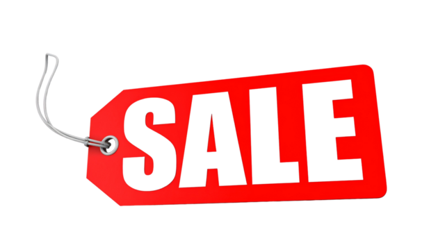 Red SALE tag with bold letters, isolated on transparent background PNG