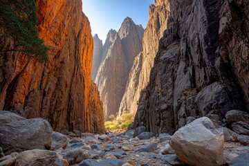 Canyon gorge, sunlight streams through narrow passage