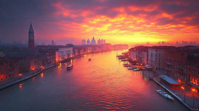 Vivid sunrise over Venice's Grand Canal.