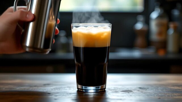 Nitro Cold Brew Coffee Pouring: A visually appealing scene showcases the artistry of coffee pouring with a nitro cold brew, revealing an attractive layered effect in a glass. The steam swirls.
