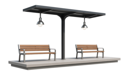Two wooden benches with metal frames under a modern metal canopy structure featuring two hanging lamps on transparent background.