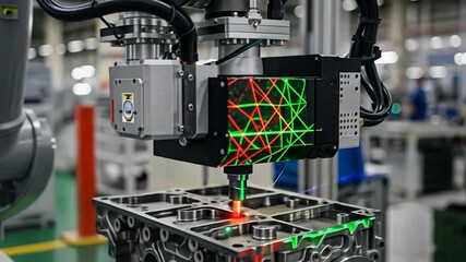 Robotic Arm Laser Scanning Engine Block for Quality Control in a Modern Factory - Powered by Adobe
