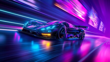Fototapeta premium A sleek futuristic car with neon underglow racing down a rain-soaked highway, neon billboards overhead, reflections on wet asphalt, city skyline in the background. vibrant colors, sharp highlights,