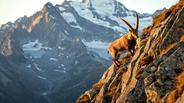 Majestic Alpine Ibex Climbing a Rocky Mountain