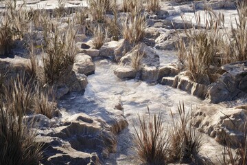 Dry creek bed with sparse grasses and rocks
