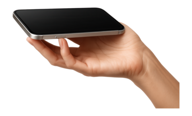 A hand delicately holding a modern smartphone horizontally, displaying its sleek design and thin profile on transparent background.