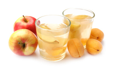 Tasty compot and fruits isolated on white