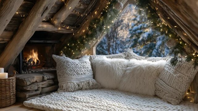 Cozy Scandinavian attic nook with wool cushions, a cable-knit throw, and a glowing hearth, enhanced by pine garlands and winter decor.