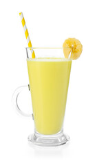 Tasty banana milkshake in glass isolated on white