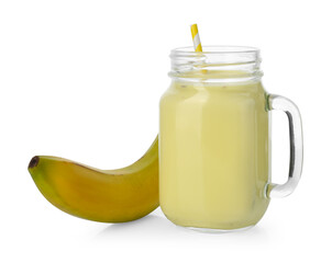 Tasty milkshake in mason jar and banana isolated on white