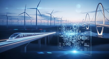 A high-speed train rushes past a futuristic bridge and wind turbines, overlaid with digital interface elements, showcasing sustainable technology and modern infrastructure.