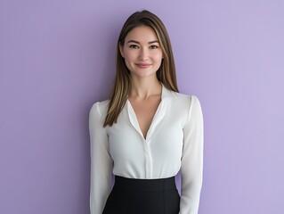 Obraz premium Portrait of a beautiful smiling woman in professional attire against purple background