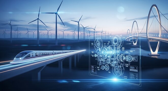 A high-speed train rushes past a futuristic bridge and wind turbines, overlaid with digital interface elements, showcasing sustainable technology and modern infrastructure.
