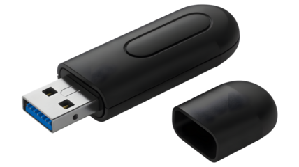 A black usb drive with the cap off and a blue usb port on a white background in a studio shot view on transparent background